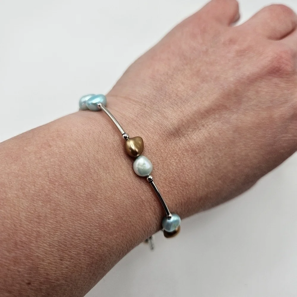 Vantel Pearls Blue Silver Tone Wrap Bracelet Signed